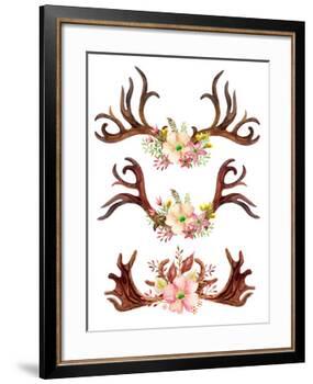 Watercolor Antler with Flowers, Leaves and Herbs-tanycya-Framed Art Print