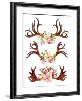 Watercolor Antler with Flowers, Leaves and Herbs-tanycya-Framed Art Print