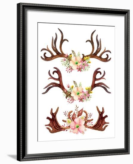 Watercolor Antler with Flowers, Leaves and Herbs-tanycya-Framed Art Print