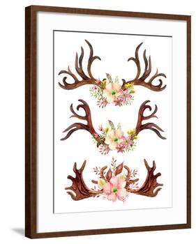 Watercolor Antler with Flowers, Leaves and Herbs-tanycya-Framed Art Print