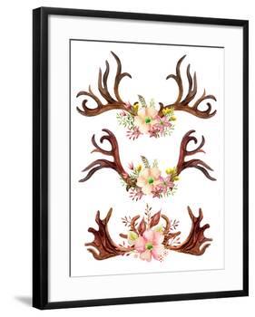 Watercolor Antler with Flowers, Leaves and Herbs-tanycya-Framed Art Print