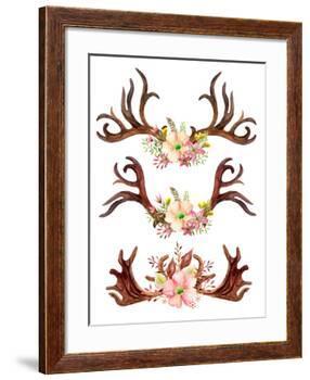 Watercolor Antler with Flowers, Leaves and Herbs-tanycya-Framed Art Print
