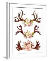 Watercolor Antler with Flowers, Leaves and Herbs-tanycya-Framed Art Print