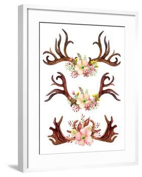Watercolor Antler with Flowers, Leaves and Herbs-tanycya-Framed Art Print