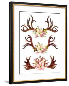 Watercolor Antler with Flowers, Leaves and Herbs-tanycya-Framed Art Print