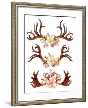 Watercolor Antler with Flowers, Leaves and Herbs-tanycya-Framed Art Print
