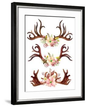 Watercolor Antler with Flowers, Leaves and Herbs-tanycya-Framed Art Print