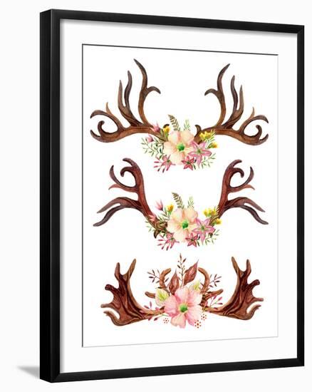 Watercolor Antler with Flowers, Leaves and Herbs-tanycya-Framed Art Print