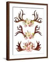 Watercolor Antler with Flowers, Leaves and Herbs-tanycya-Framed Art Print