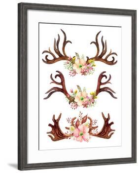 Watercolor Antler with Flowers, Leaves and Herbs-tanycya-Framed Art Print