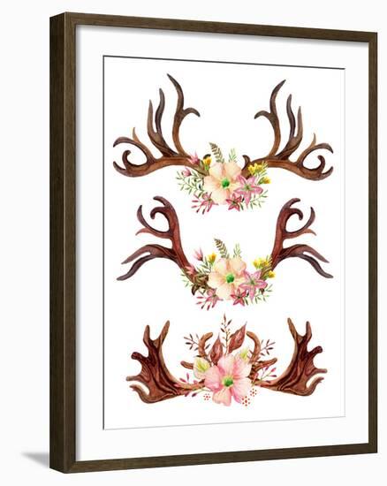 Watercolor Antler with Flowers, Leaves and Herbs-tanycya-Framed Art Print