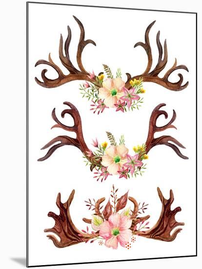 Watercolor Antler with Flowers, Leaves and Herbs-tanycya-Mounted Art Print