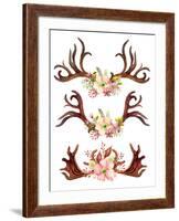 Watercolor Antler with Flowers, Leaves and Herbs-tanycya-Framed Art Print