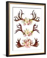 Watercolor Antler with Flowers, Leaves and Herbs-tanycya-Framed Art Print