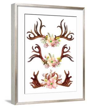 Watercolor Antler with Flowers, Leaves and Herbs-tanycya-Framed Art Print
