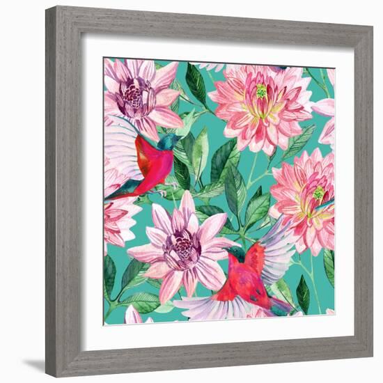 Watercolor Asters and Birds-tanycya-Framed Art Print