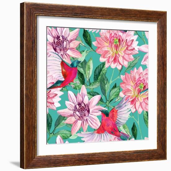 Watercolor Asters and Birds-tanycya-Framed Art Print