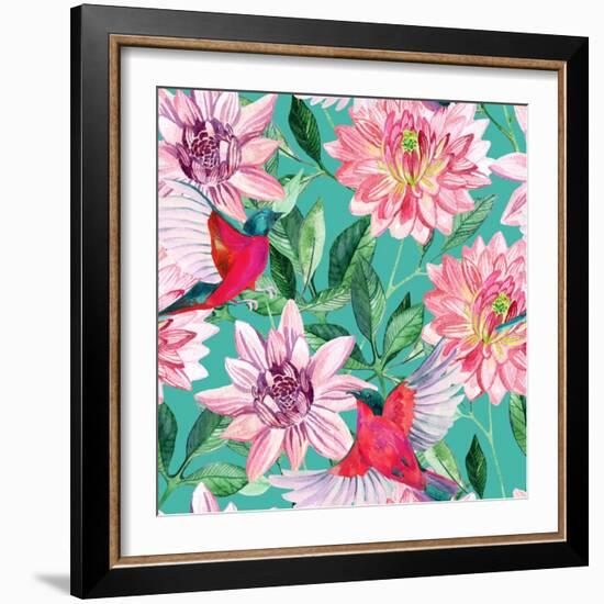 Watercolor Asters and Birds-tanycya-Framed Art Print