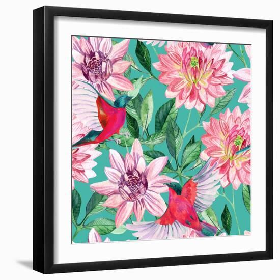 Watercolor Asters and Birds-tanycya-Framed Art Print