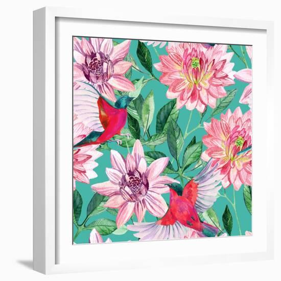 Watercolor Asters and Birds-tanycya-Framed Art Print