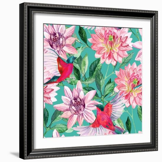 Watercolor Asters and Birds-tanycya-Framed Art Print