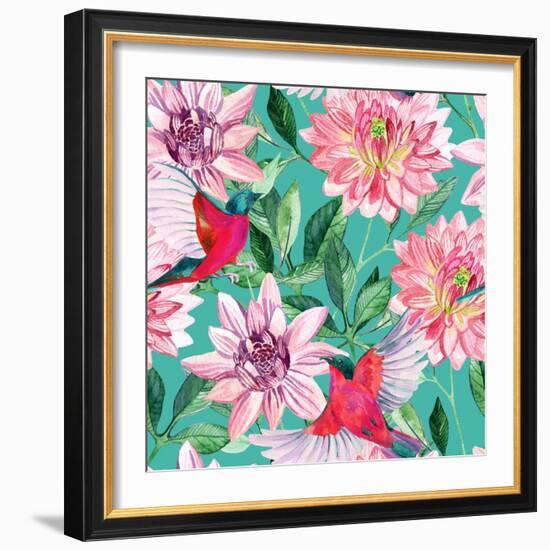 Watercolor Asters and Birds-tanycya-Framed Art Print
