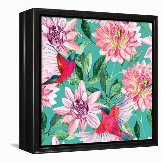 Watercolor Asters and Birds-tanycya-Framed Stretched Canvas