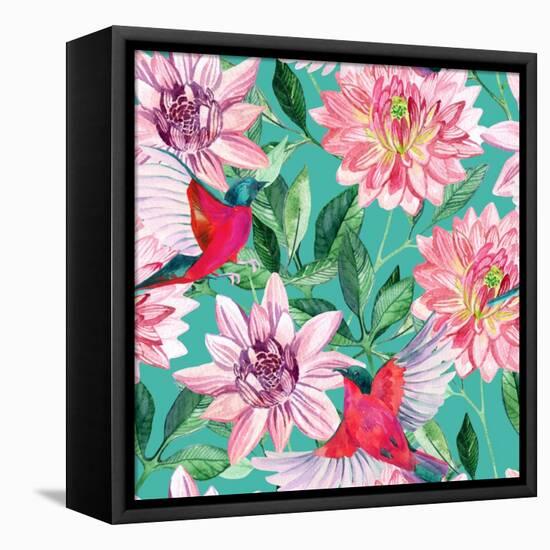 Watercolor Asters and Birds-tanycya-Framed Stretched Canvas
