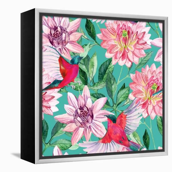 Watercolor Asters and Birds-tanycya-Framed Stretched Canvas