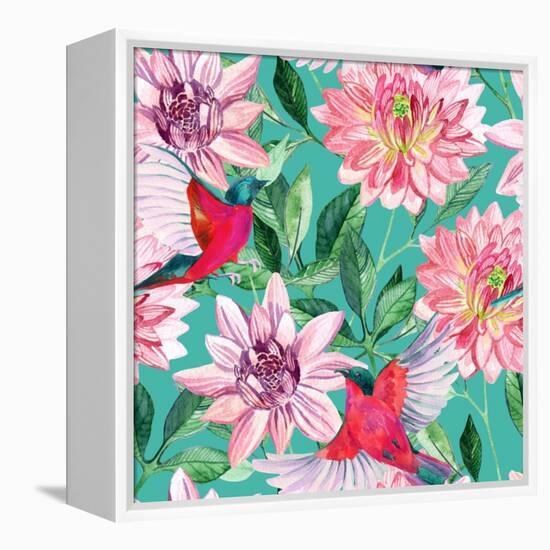 Watercolor Asters and Birds-tanycya-Framed Stretched Canvas