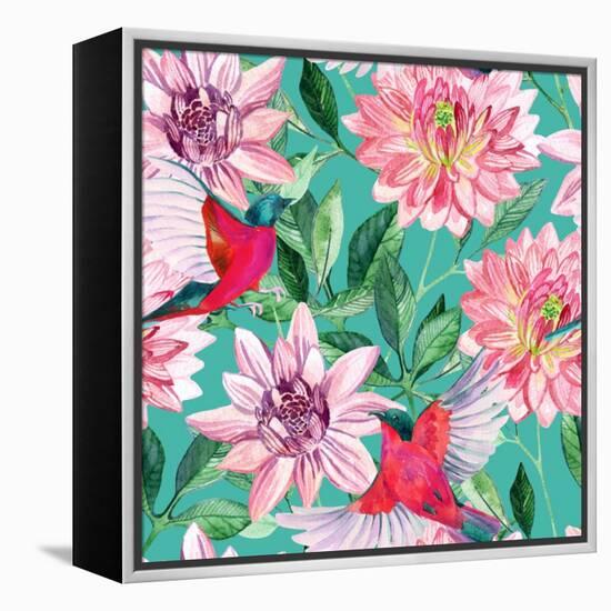 Watercolor Asters and Birds-tanycya-Framed Stretched Canvas