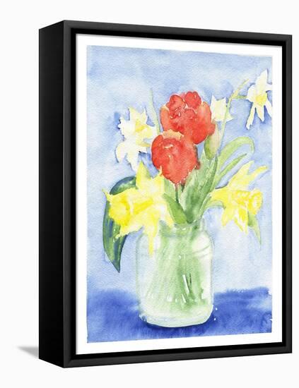 Watercolor Bouquet with Spring Flowers - Red Tulip, Daffodil, Narcissus in Glass Jar. Hand Drawing-Kassiia Sergacheva-Framed Premier Image Canvas