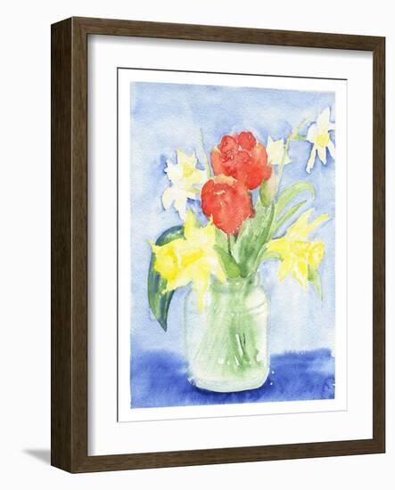 Watercolor Bouquet with Spring Flowers - Red Tulip, Daffodil, Narcissus in Glass Jar. Hand Drawing-Kassiia Sergacheva-Framed Photographic Print