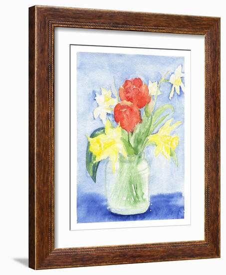 Watercolor Bouquet with Spring Flowers - Red Tulip, Daffodil, Narcissus in Glass Jar. Hand Drawing-Kassiia Sergacheva-Framed Photographic Print