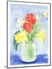 Watercolor Bouquet with Spring Flowers - Red Tulip, Daffodil, Narcissus in Glass Jar. Hand Drawing-Kassiia Sergacheva-Mounted Photographic Print