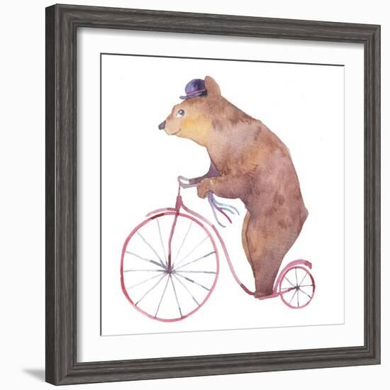 Watercolor Cartoon Bear on Retro Bicycle. Hand Drawn Fairytale Animal with Hat and Vintage Transpor-Eisfrei-Framed Premium Giclee Print