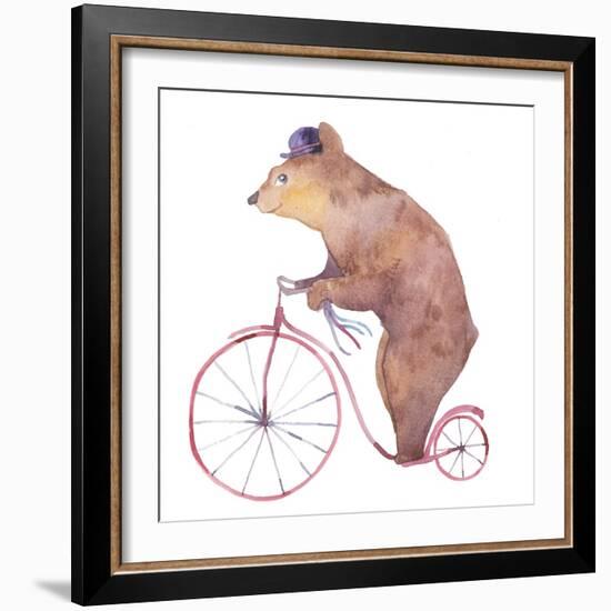 Watercolor Cartoon Bear on Retro Bicycle. Hand Drawn Fairytale Animal with Hat and Vintage Transpor-Eisfrei-Framed Premium Giclee Print