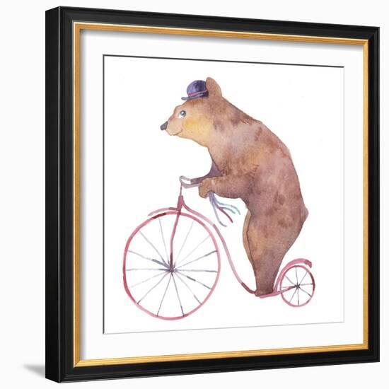 Watercolor Cartoon Bear on Retro Bicycle. Hand Drawn Fairytale Animal with Hat and Vintage Transpor-Eisfrei-Framed Premium Giclee Print