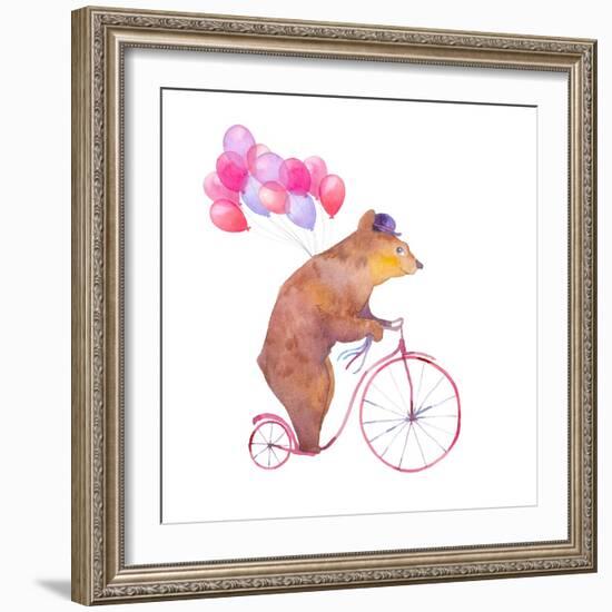 Watercolor Cartoon Bear on Retro Bicycle with Air Balloons. Hand Drawn Fairytale Animal with Hat An-Eisfrei-Framed Art Print