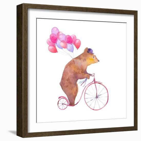 Watercolor Cartoon Bear on Retro Bicycle with Air Balloons. Hand Drawn Fairytale Animal with Hat An-Eisfrei-Framed Art Print