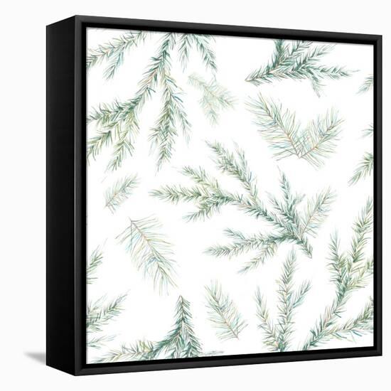 Watercolor Christmas Tree Branches Seamless Pattern. Hand Painted Texture with Fir-Needle Natural E-Eisfrei-Framed Stretched Canvas