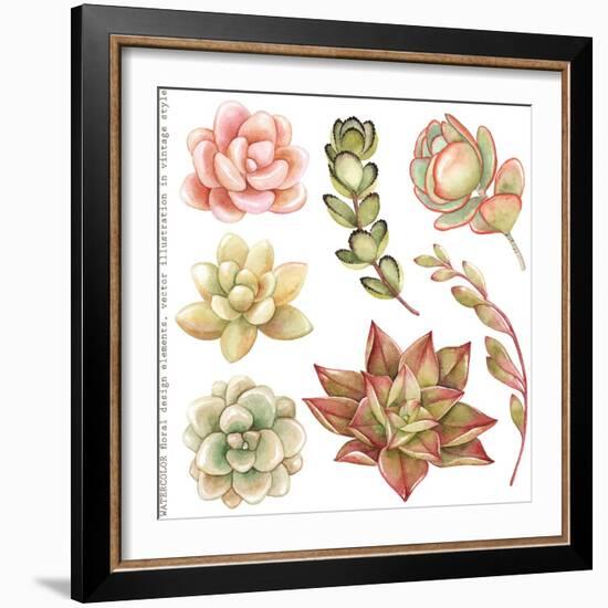 Watercolor Collection of Succulents and Kalanchoe for Your Design, Hand-Drawn Illustration.-Nikiparonak-Framed Art Print