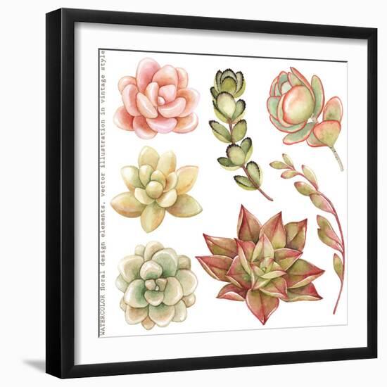 Watercolor Collection of Succulents and Kalanchoe for Your Design, Hand-Drawn Illustration.-Nikiparonak-Framed Art Print