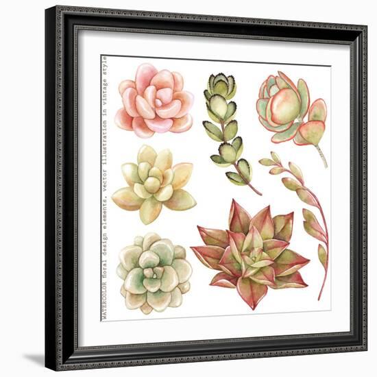 Watercolor Collection of Succulents and Kalanchoe for Your Design, Hand-Drawn Illustration.-Nikiparonak-Framed Art Print