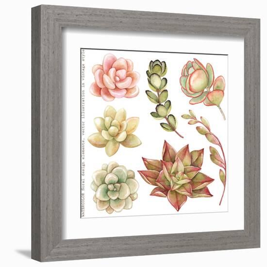 Watercolor Collection of Succulents and Kalanchoe for Your Design, Hand-Drawn Illustration.-Nikiparonak-Framed Art Print