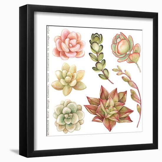 Watercolor Collection of Succulents and Kalanchoe for Your Design, Hand-Drawn Illustration.-Nikiparonak-Framed Art Print