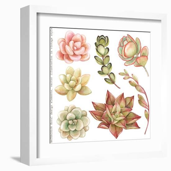 Watercolor Collection of Succulents and Kalanchoe for Your Design, Hand-Drawn Illustration.-Nikiparonak-Framed Art Print