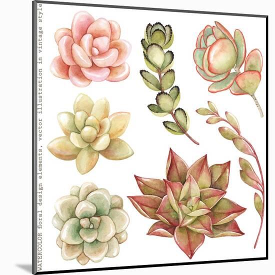 Watercolor Collection of Succulents and Kalanchoe for Your Design, Hand-Drawn Illustration.-Nikiparonak-Mounted Art Print