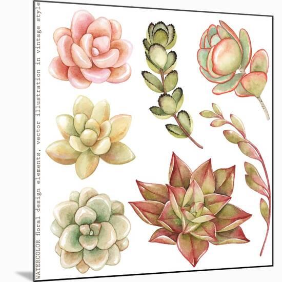 Watercolor Collection of Succulents and Kalanchoe for Your Design, Hand-Drawn Illustration.-Nikiparonak-Mounted Premium Giclee Print