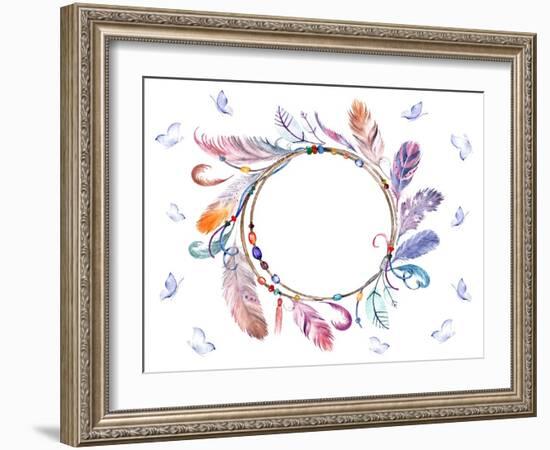 Watercolor Colorful Feathers Frame with Butterflies. Hand Drawn Boho Print for Wedding Card, Invita-Naticka-Framed Art Print